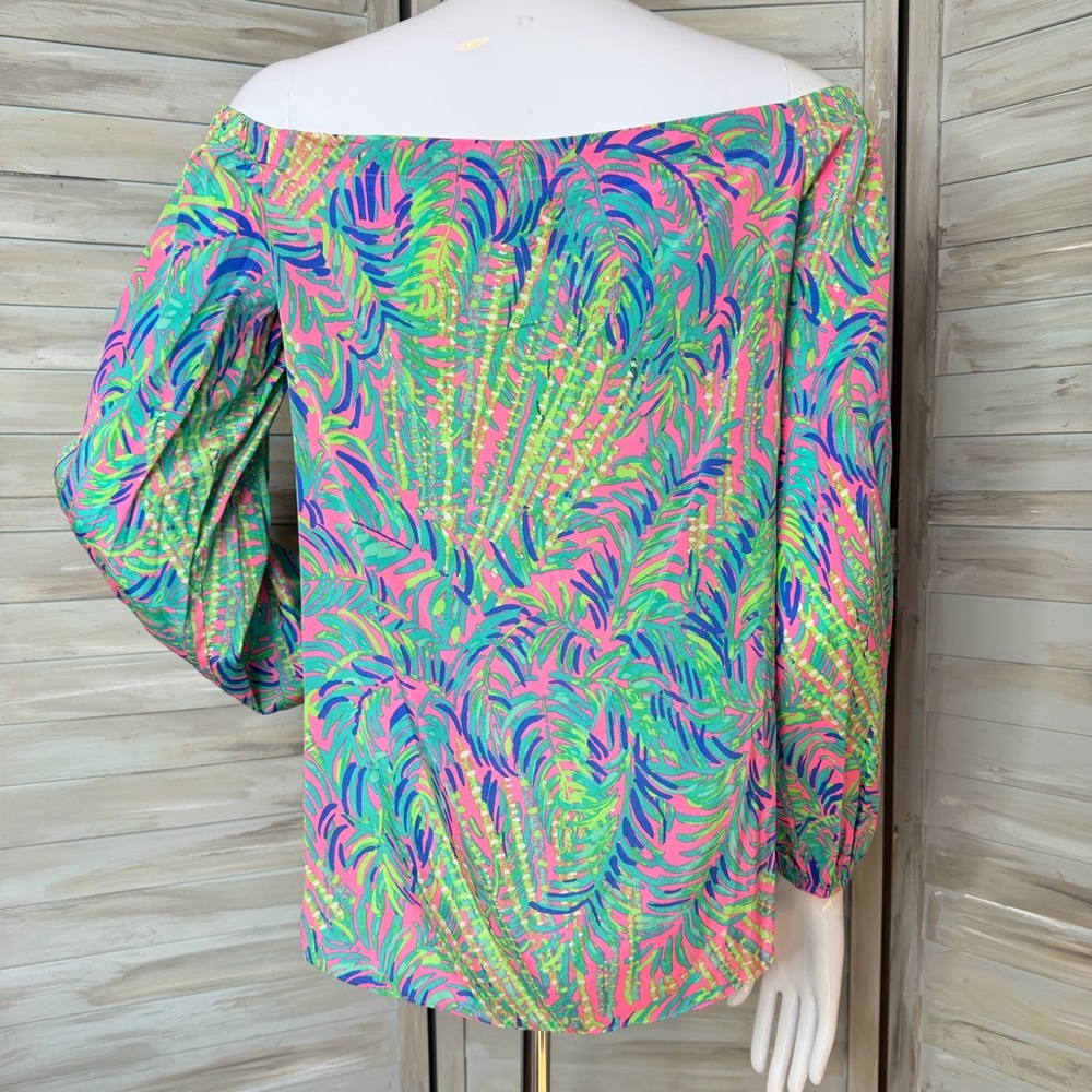 Lilly Pulitzer Adira silk off the shoulder top Small Pink Sunset Coco Breeze - Picture 3 of 10